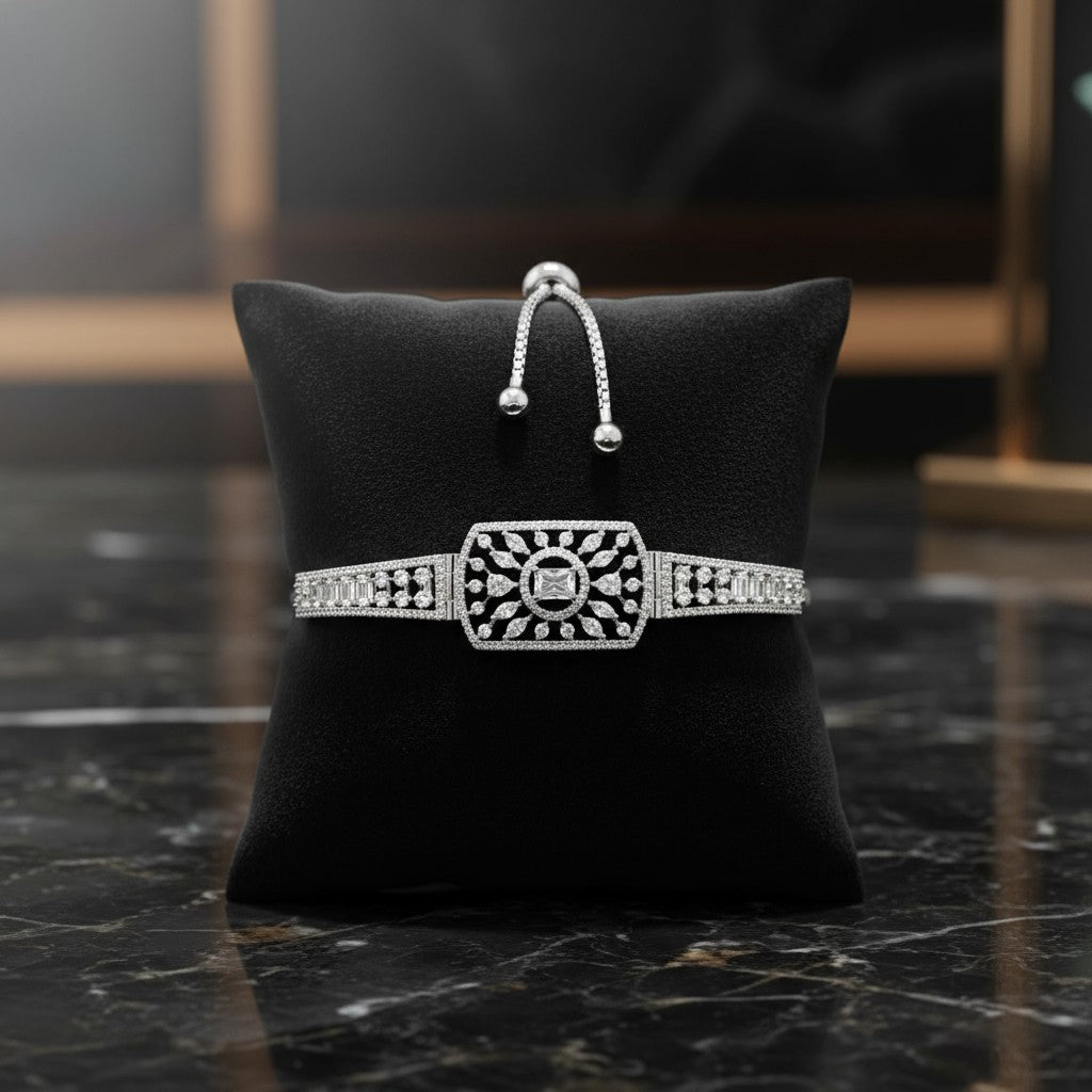 439749 Cubic Zirconia Adjustable Bracelet With Rhodium 2 Tone Plating-Silver