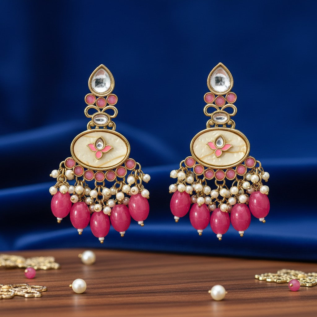 111613-Indo Western (Kundan) Earring-Dark Pink