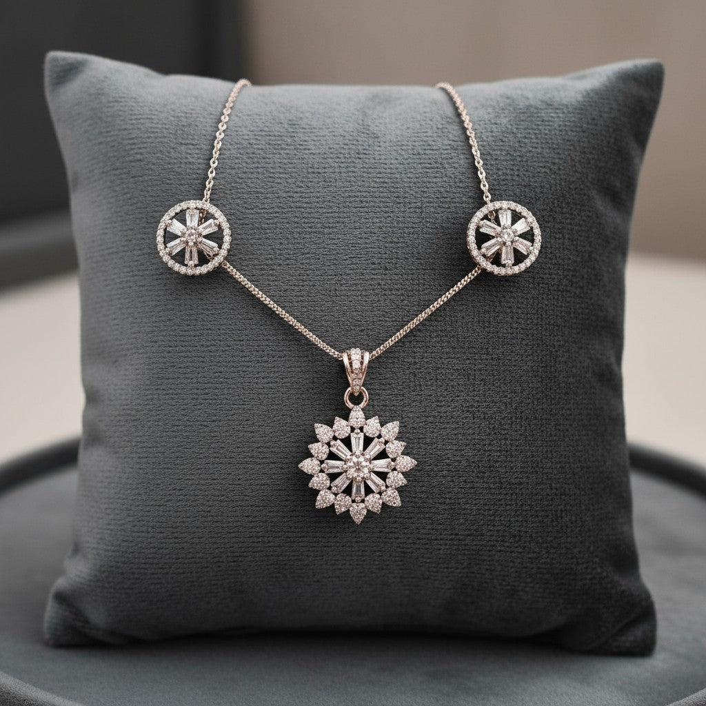 92009-PS-American Diamond Delicate Pendant Set With Rhodium Plating-Design 2