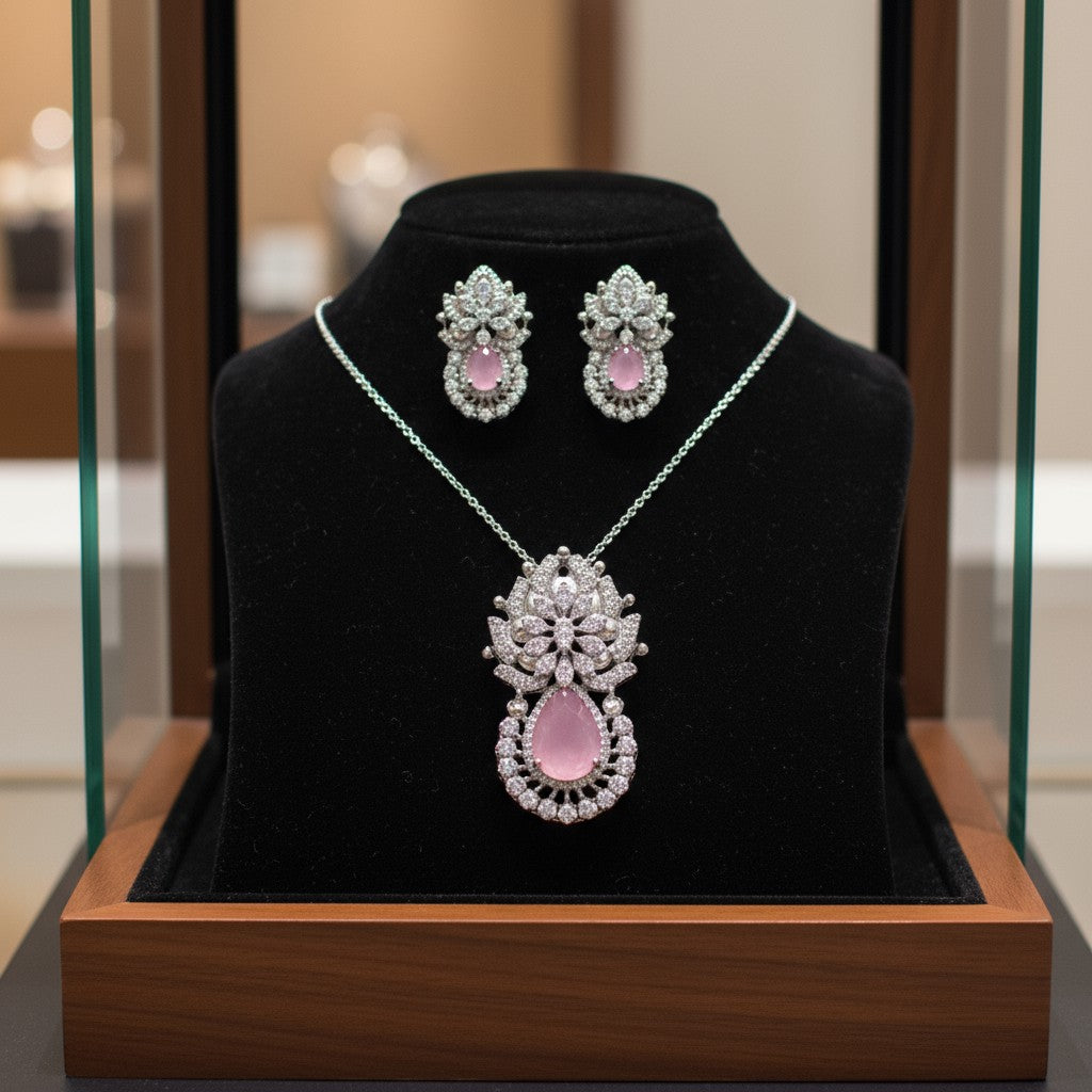 97459-PS-American Diamond Delicate Pendant Set With Rhodium Plating-Pink Semi precious stone