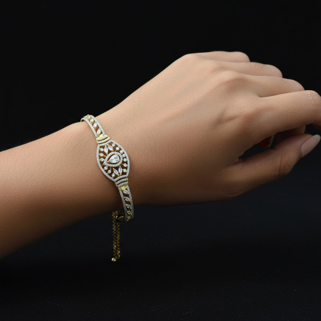439752 Cubic Zirconia Adjustable Bracelet With Rhodium 2 Tone Plating