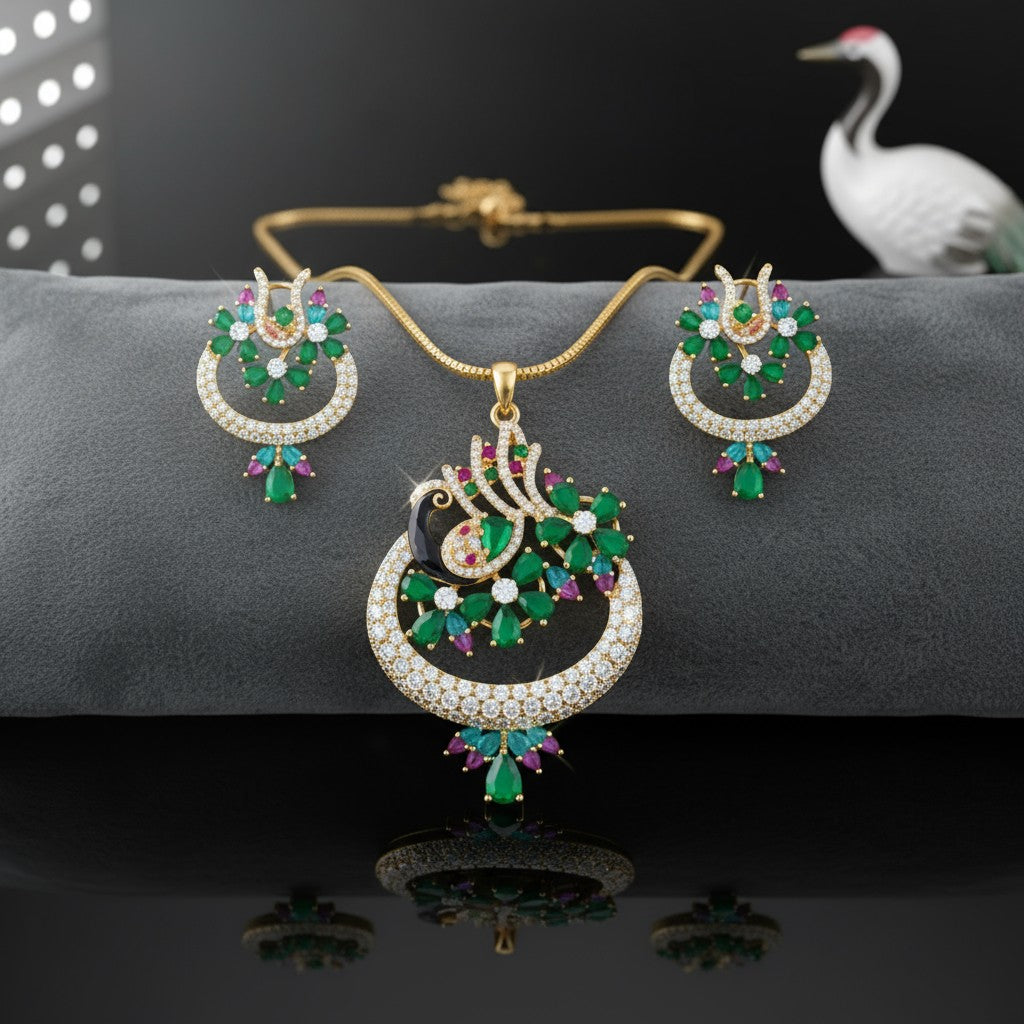 97659-PS-American Diamond Delicate Pendant Set With Gold Plating with Meenakari Green - Ruby