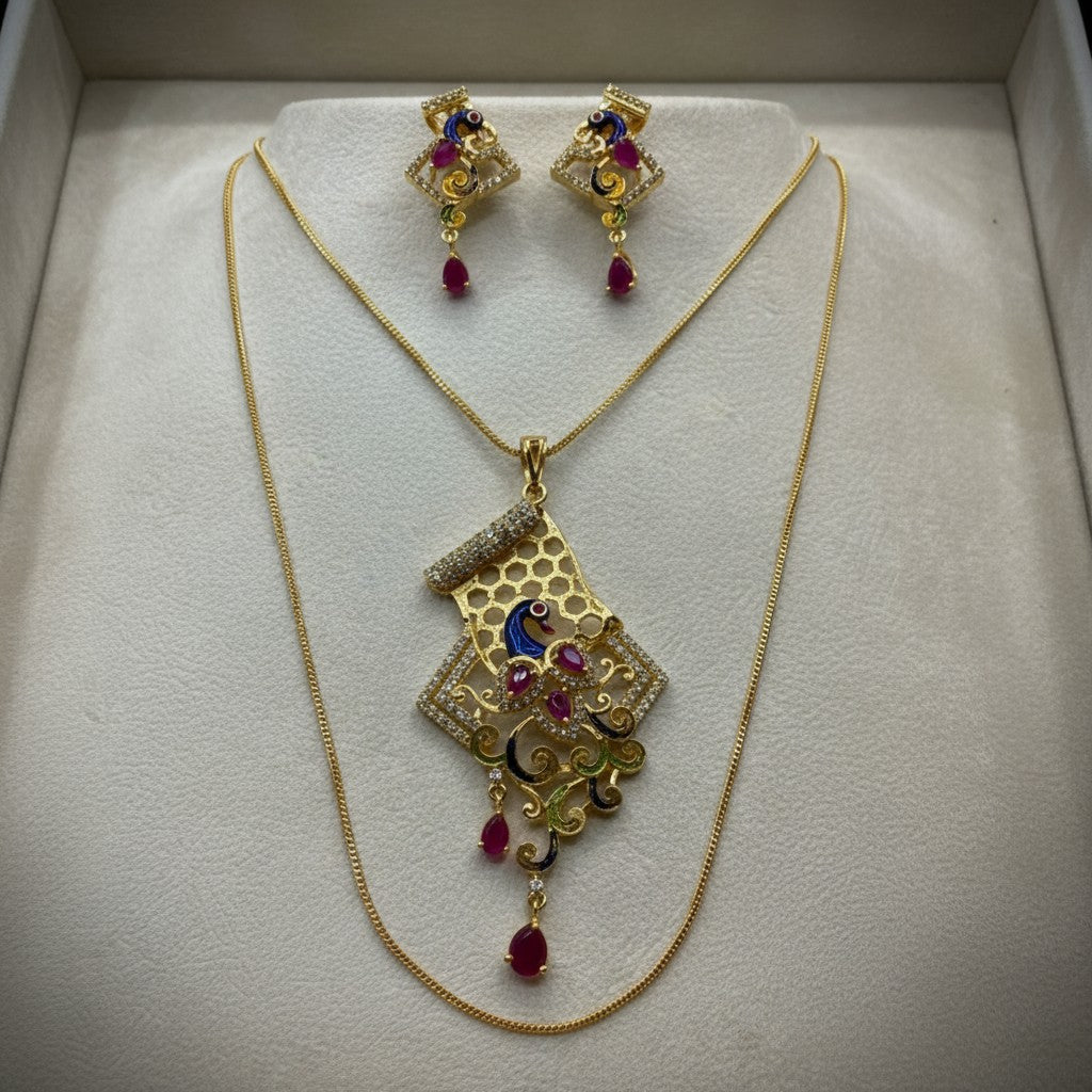 1056-American Diamond Delicate Pendant Set -Ruby