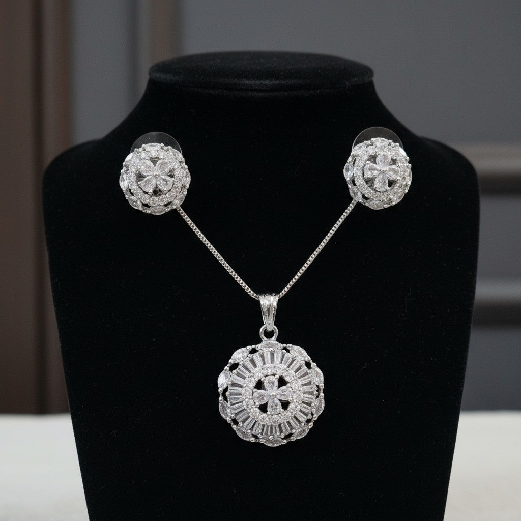 92209-PS-American Diamond Delicate Pendant Set With Rhodium Plating-White