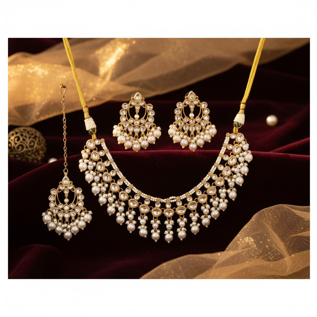 111800 Indo Western Kundan Necklace With Gold Plating-White