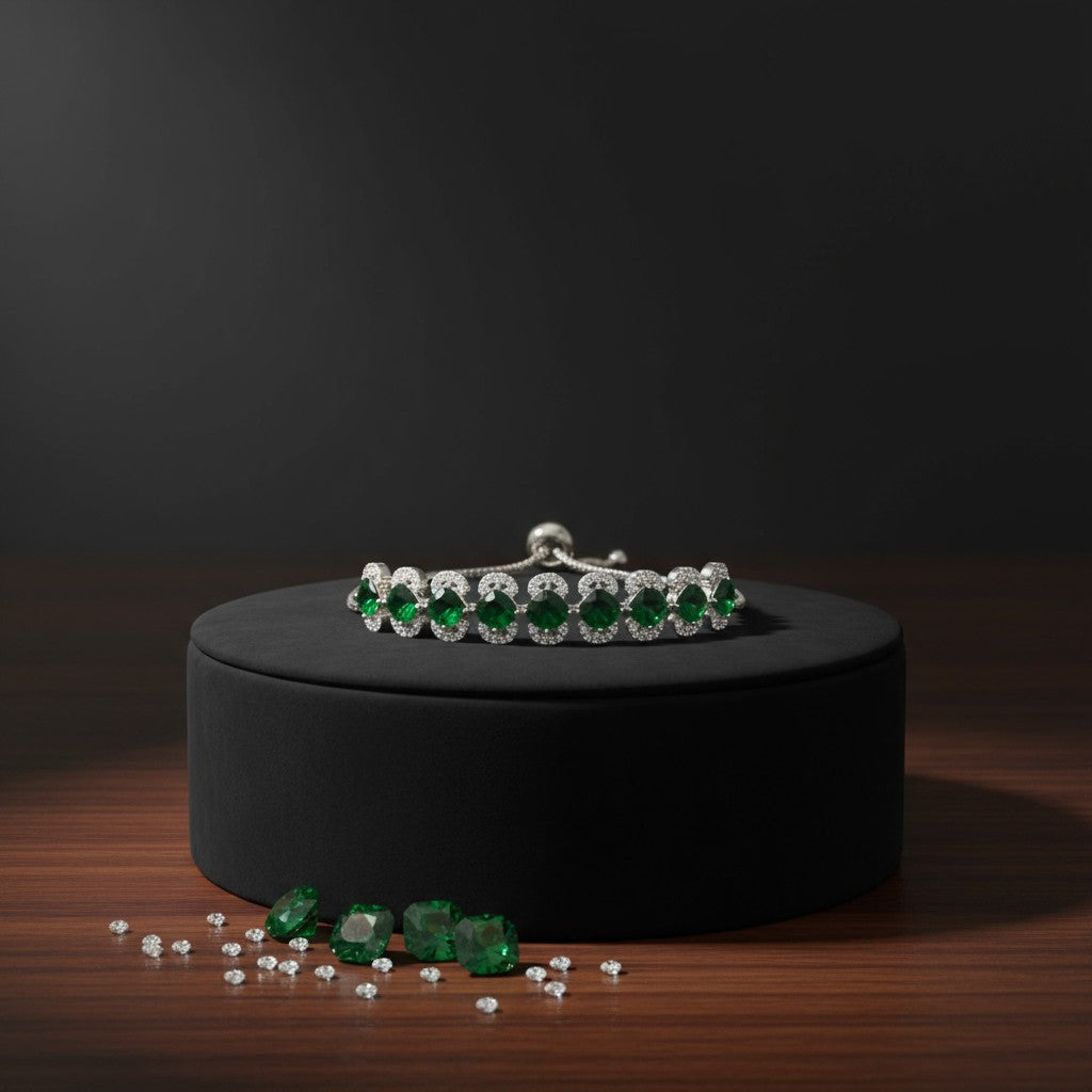437731 Cubic Zirconia Adjustable Bracelet With Rhodium Plating-Green