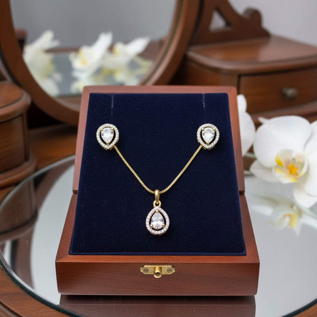 91609-PS-American Diamond Delicate Pendant Set With Gold Plating-Design 5