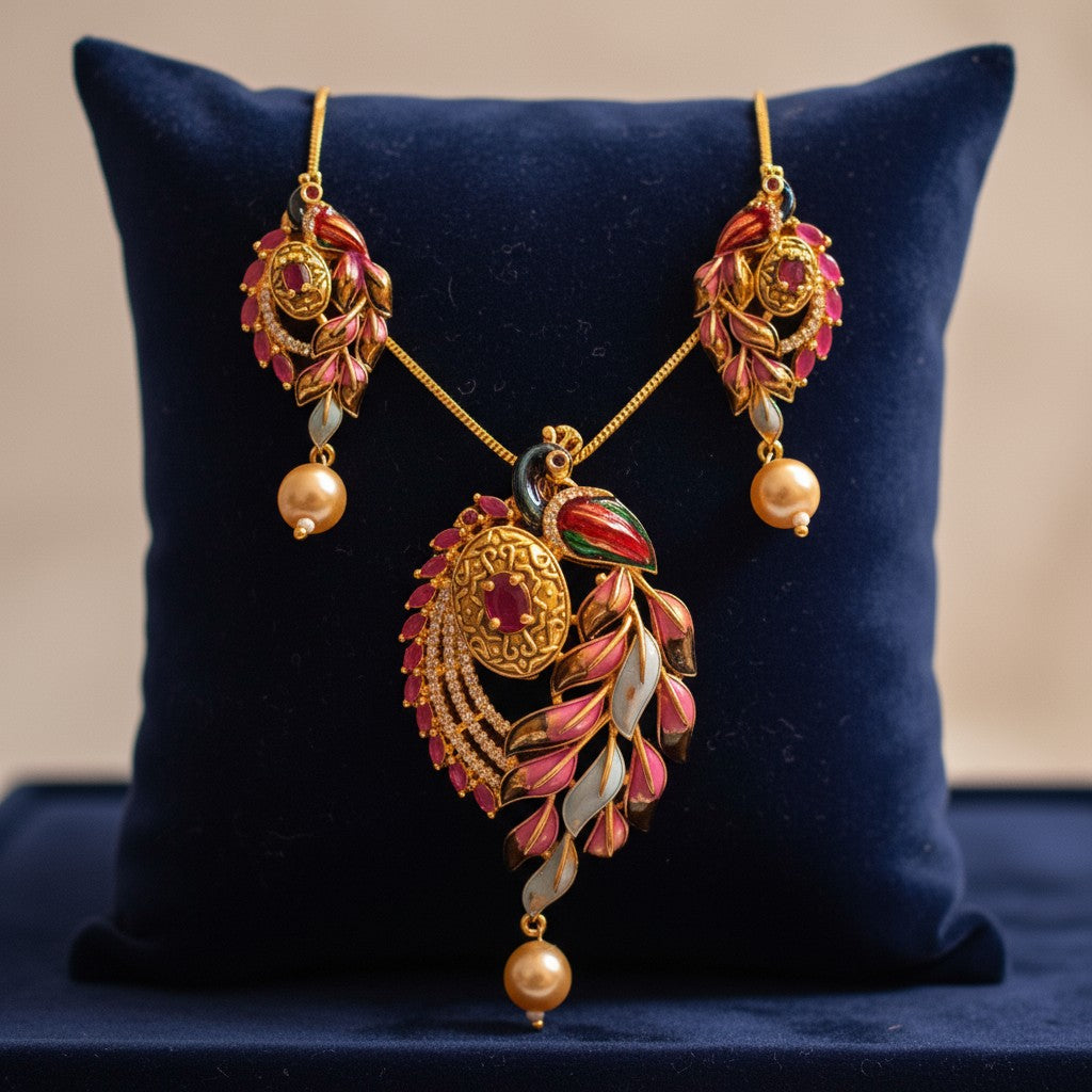 96409-PS-American Diamond Delicate Pendant Set With Gold Plating with Meenakari