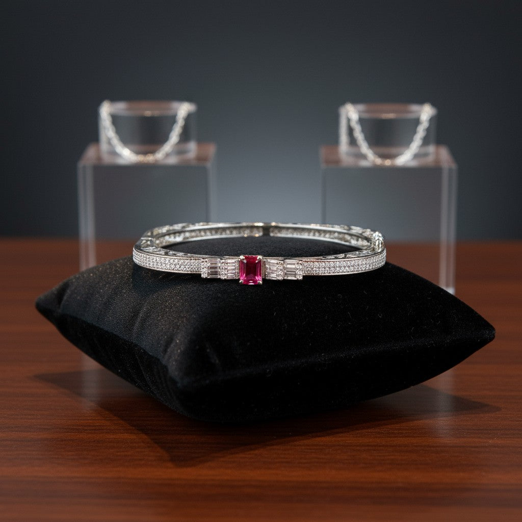 436165 Cubic Zirconia Openable Kada With Rhodium Plating-Rani