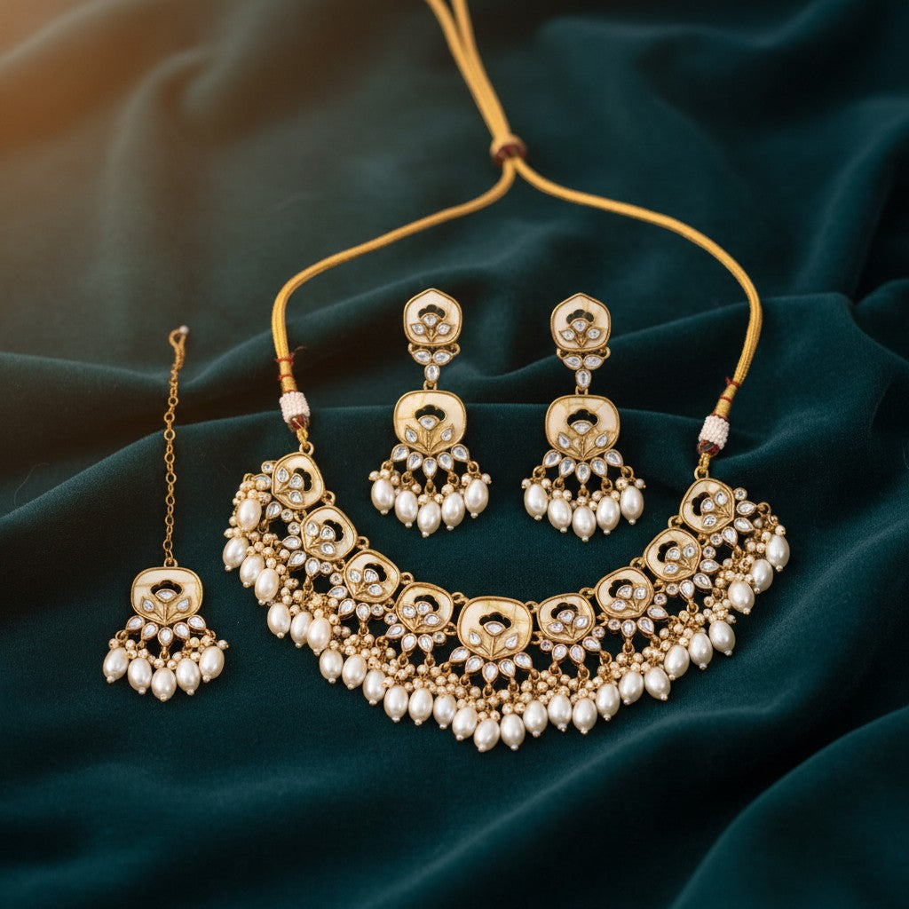 111689 Necklace Set-Indowestern-White