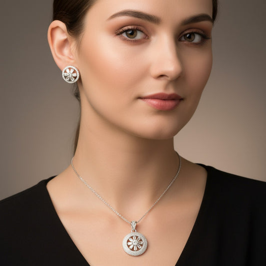 92009-PS-American Diamond Delicate Pendant Set With Rhodium Plating-Design 3