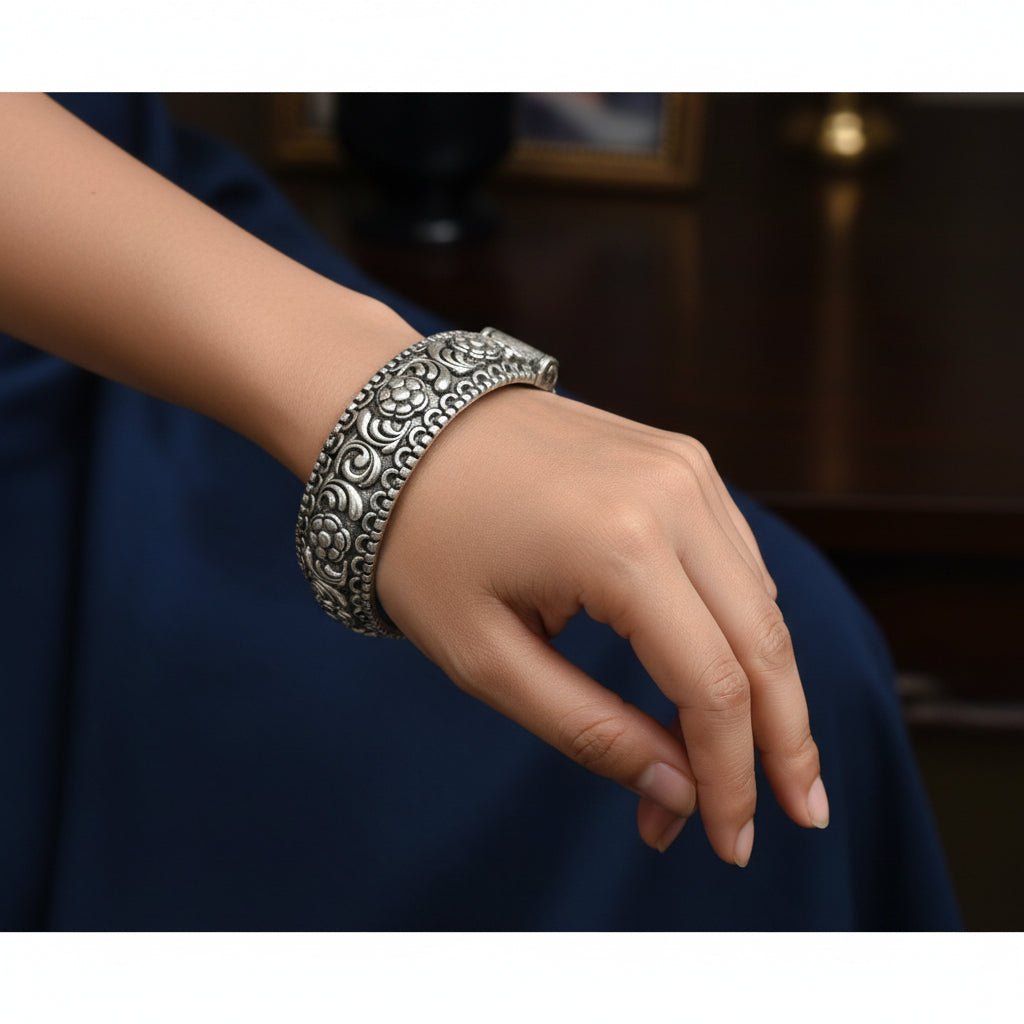 807972-Pretty Precious Oxidised Silver Look Screw Openable Kada Bracelet for Women & Girls | Ethnic & Party Wear Jewellery-Silver