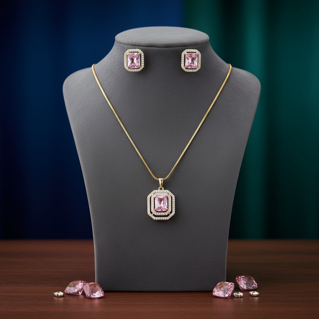 431223-American Diamond Delicate Pendant Set With Gold Plating-Hydra Pink