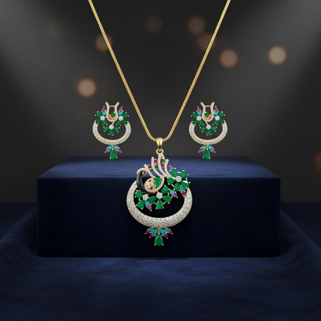 97659-PS-American Diamond Delicate Pendant Set With Gold Plating with Meenakari Green - Ruby