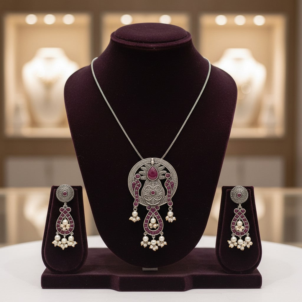 EOX35350 Pendant Set With Oxidized Plating-Ruby
