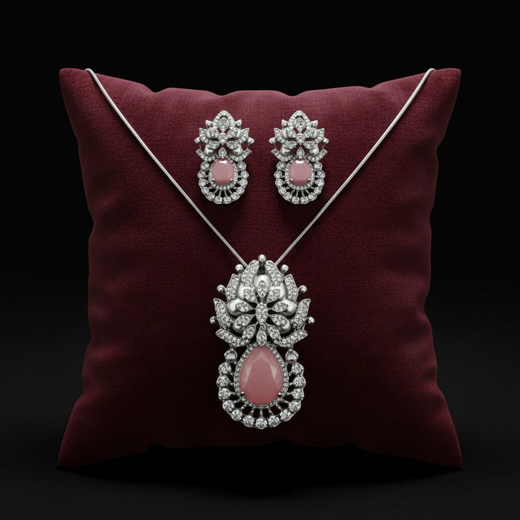 97459-PS-American Diamond Delicate Pendant Set With Rhodium Plating-Pink Semi precious stone