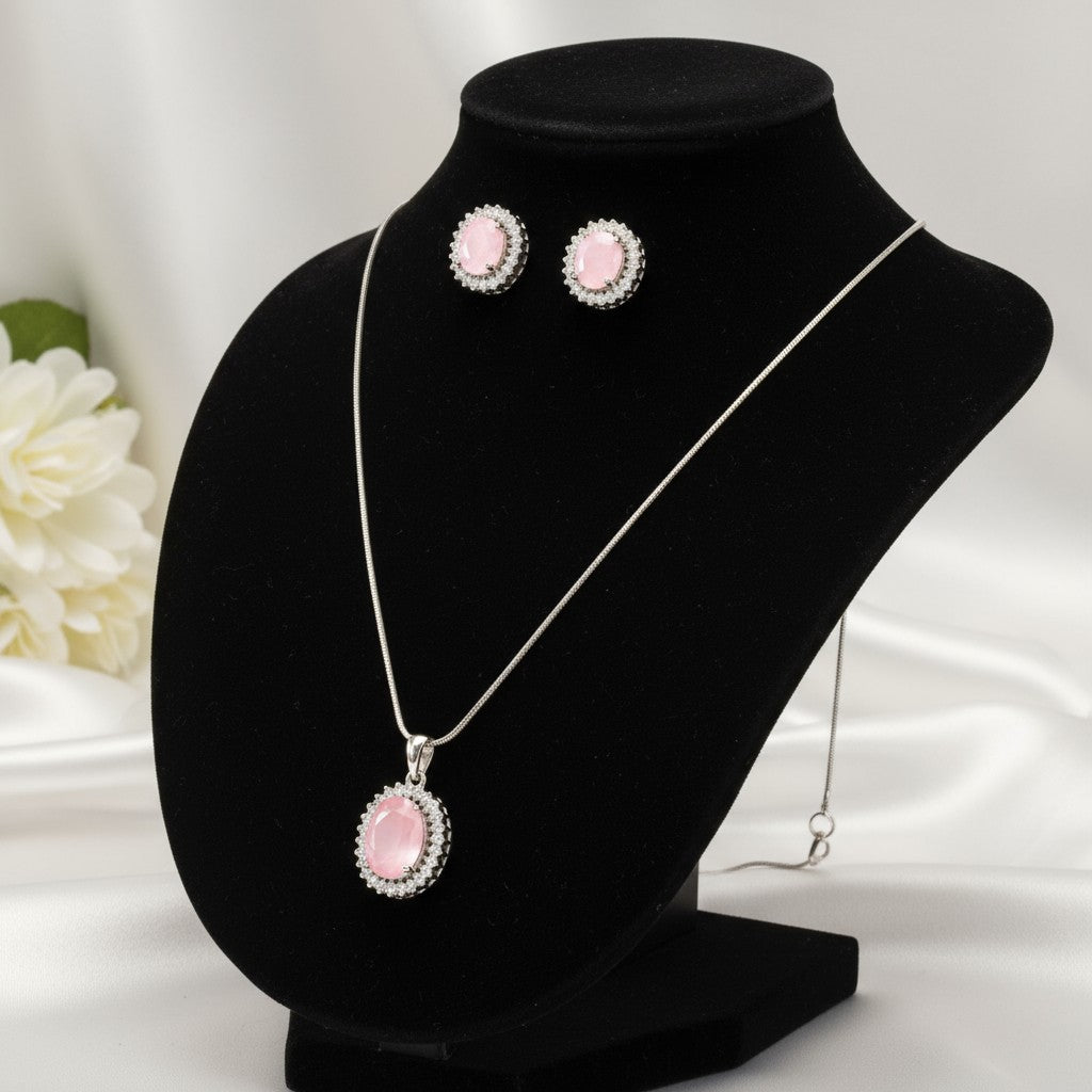 433094-American Diamond Delicate Pendant Set With Rhodium Plating-Pink