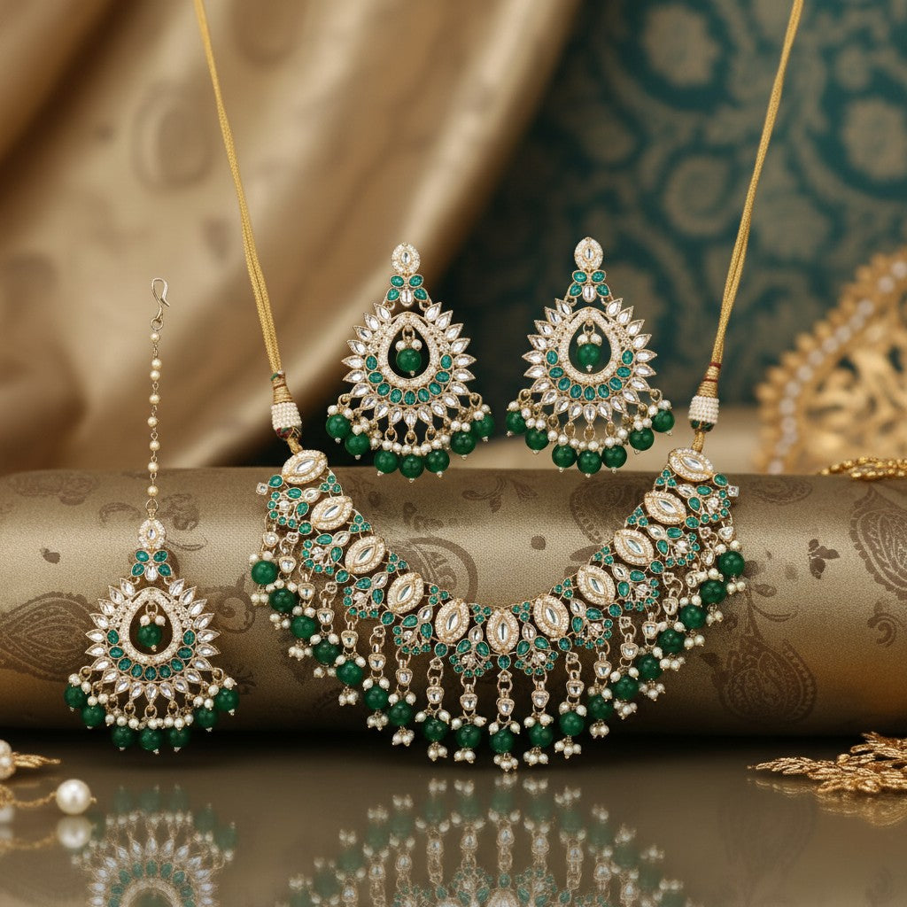 110784 Indo Western Kundan Necklace With Gold Plating-Green