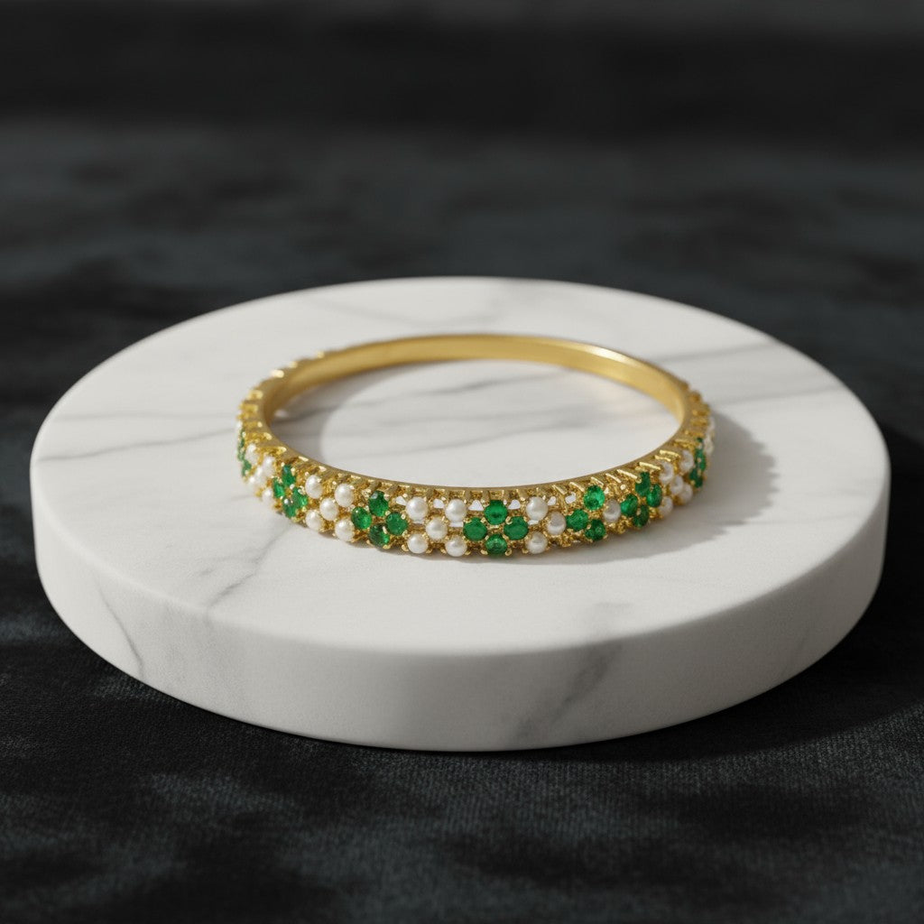 434292 Cz Delicate Kada With Gold Plating-Green