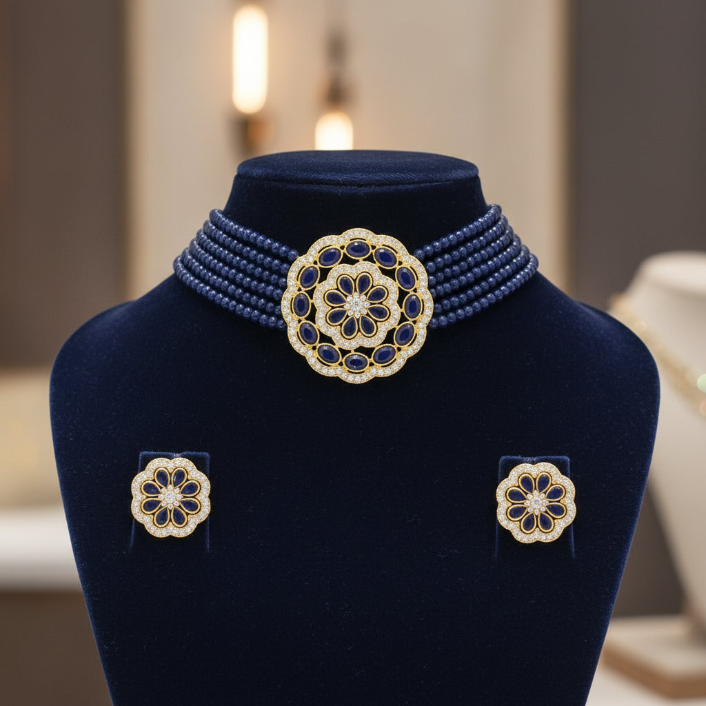 35295 Cz Delicate Chokar Set Dark Blue