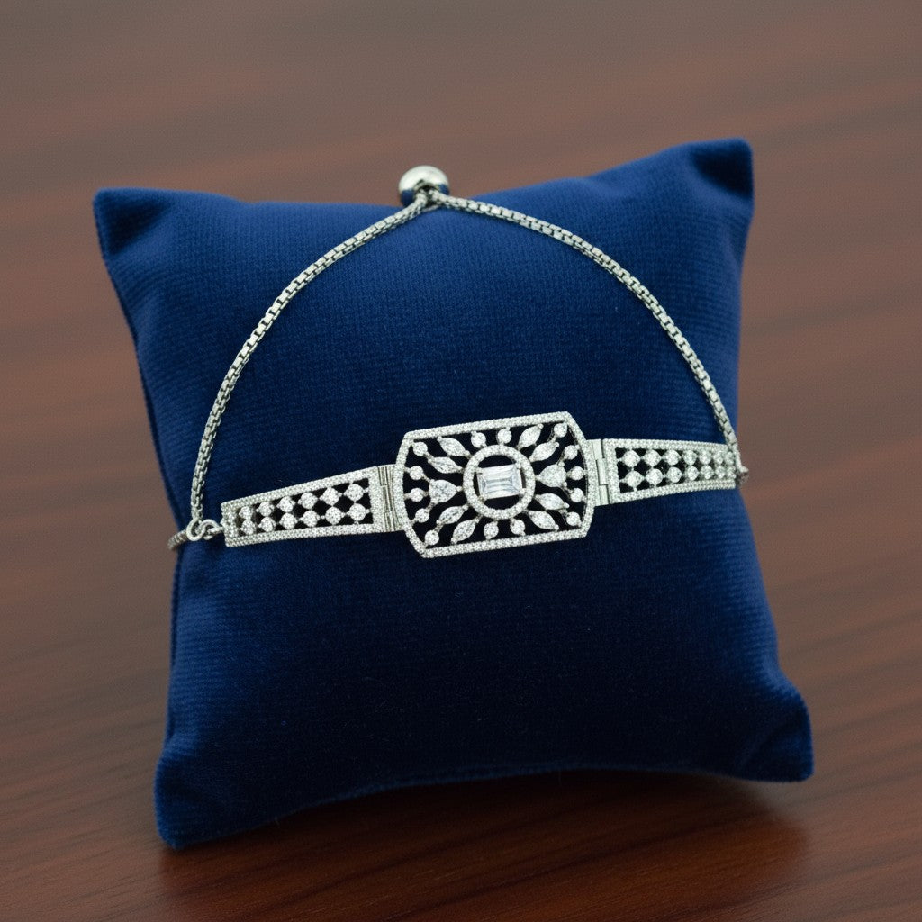 439749 Cubic Zirconia Adjustable Bracelet With Rhodium 2 Tone Plating-Silver