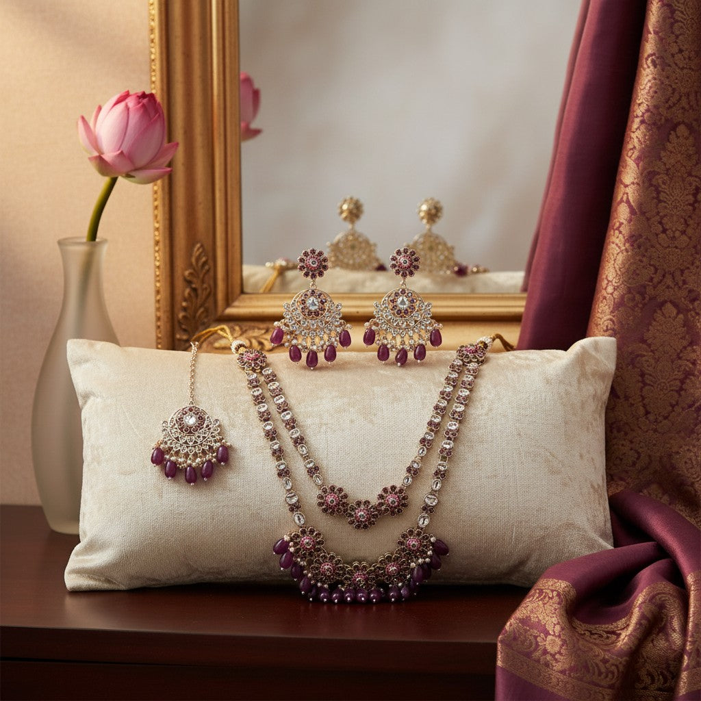 110844 Indo Western Long Necklace With Gold Plating-Purple