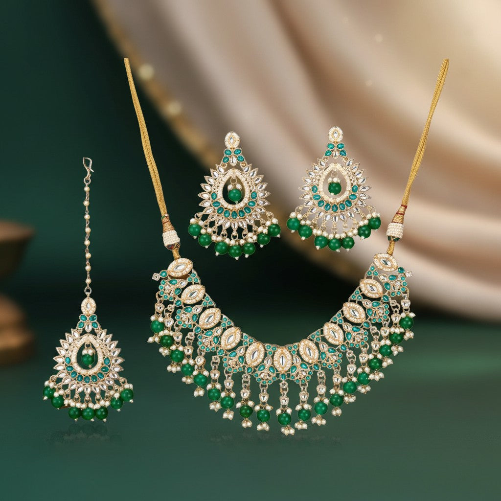 110784 Indo Western Kundan Necklace With Gold Plating-Green