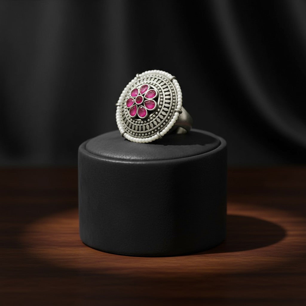 809590 Oxidised Adjustable Ring With 2 Tone Plating