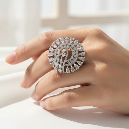 428262 Cz Adjustable Ring With Black 2 Tone Rhodium Plating-Silver