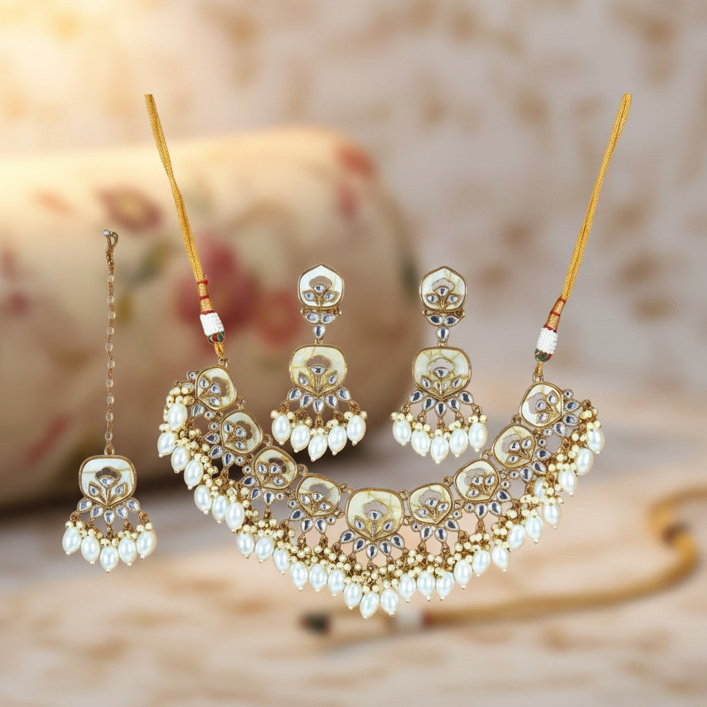 111689 Necklace Set-Indowestern-White