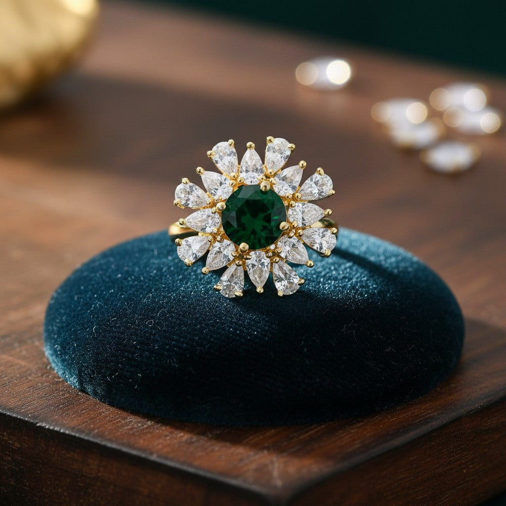 438613 Cz Adjustable Ring With Gold Plating-Green