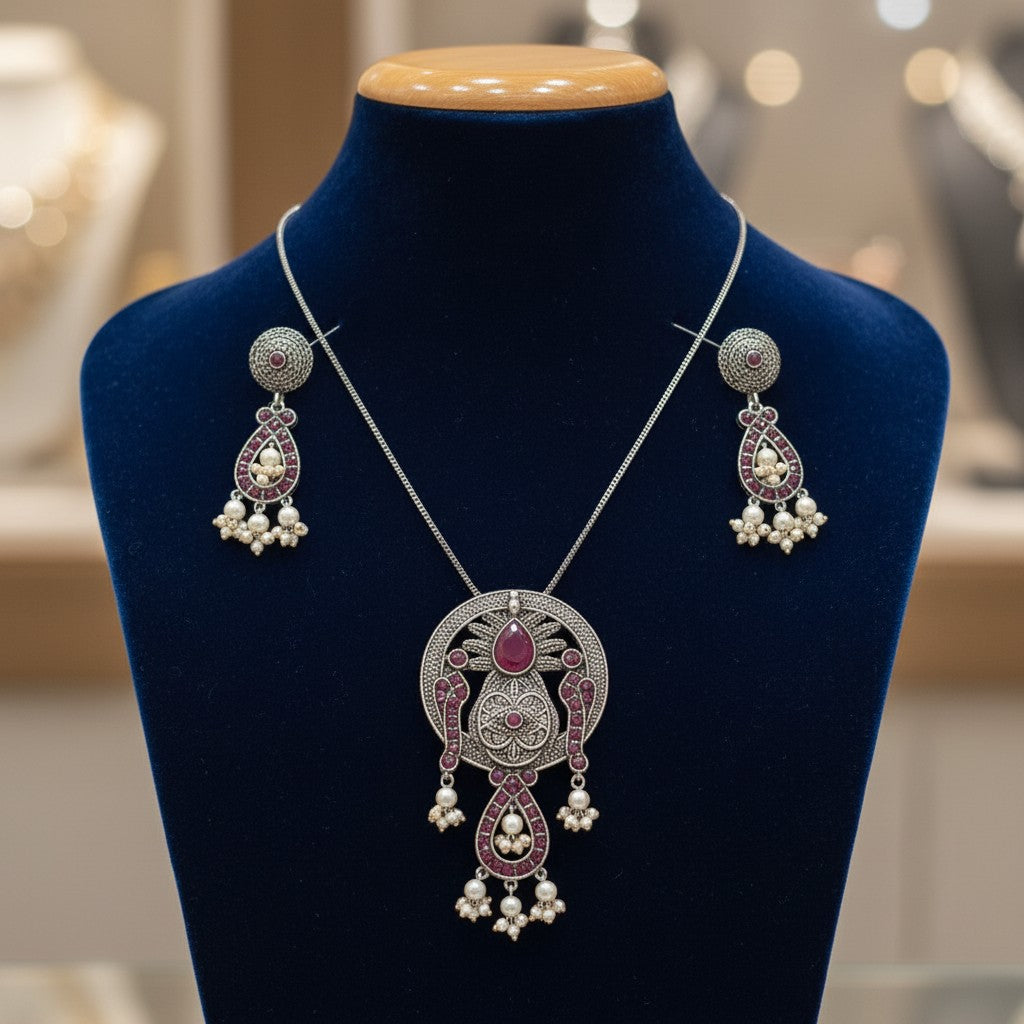 EOX35350 Pendant Set With Oxidized Plating-Ruby