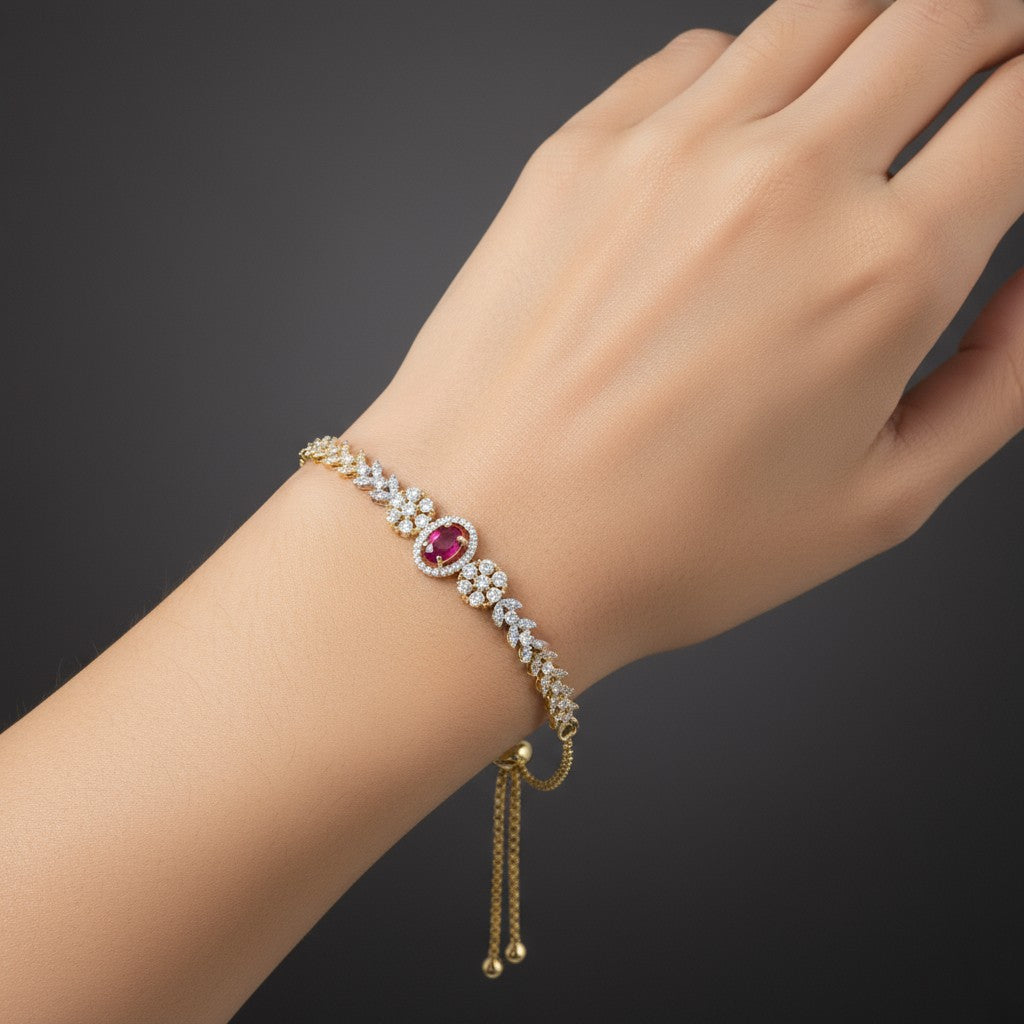 439543 Cubic Zirconia Adjustable Bracelet With 2 Tone Plating-Ruby