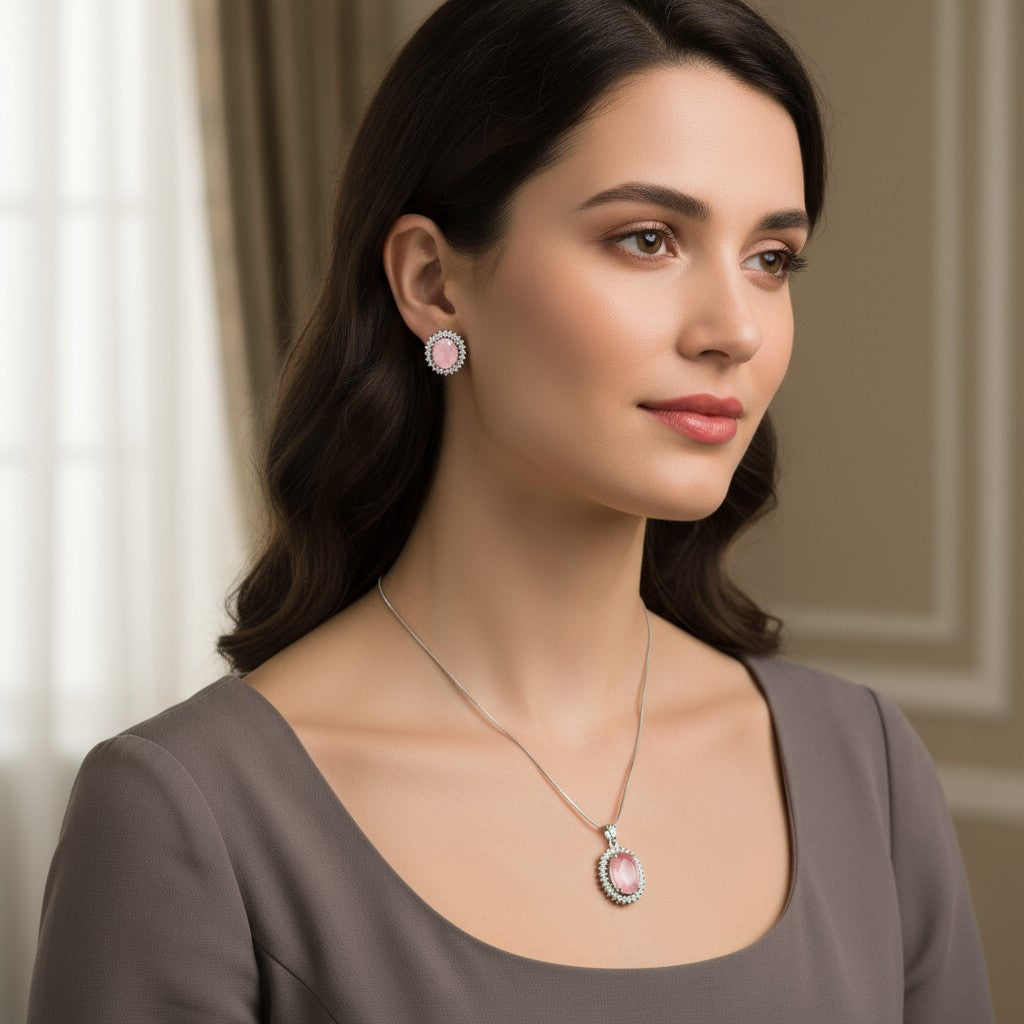 433094-American Diamond Delicate Pendant Set With Rhodium Plating-Pink