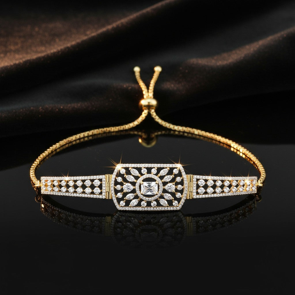 439749 Cubic Zirconia Adjustable Bracelet With Rhodium 2 Tone Plating