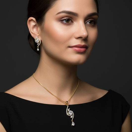 93159-PS-American Diamond Delicate Pendant Set With Gold Plating-White