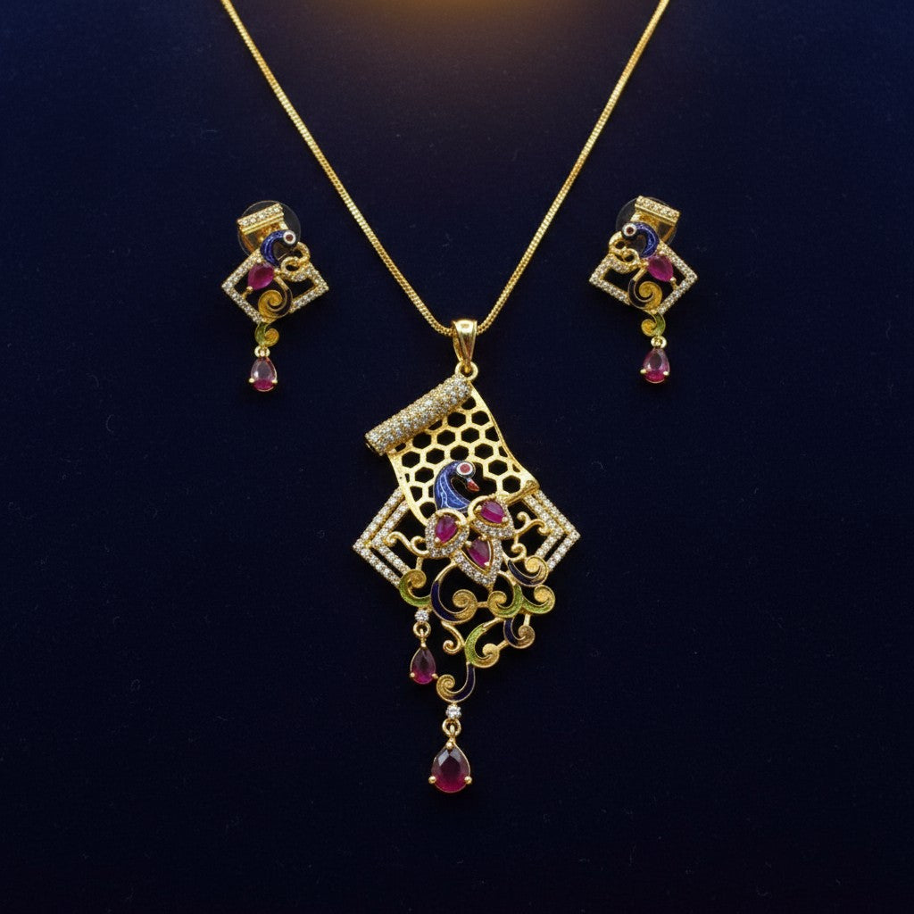 1056-American Diamond Delicate Pendant Set -Ruby