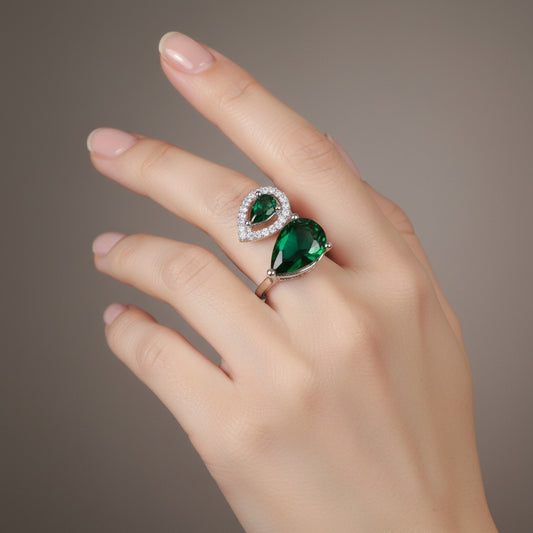 437888 Cubic Zirconia Adjustable Ring With Rhodium Plating-Green