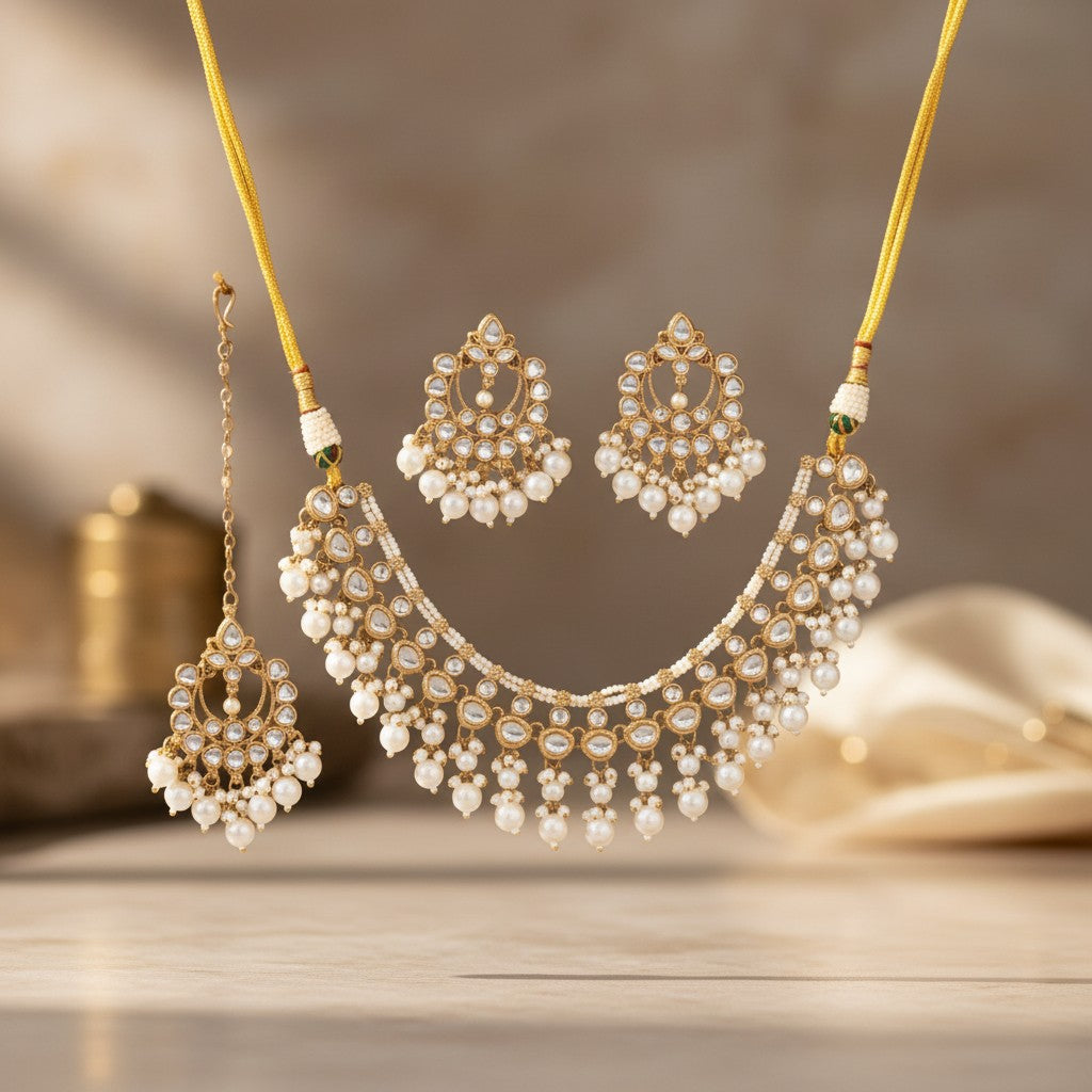 111800 Indo Western Kundan Necklace With Gold Plating-White