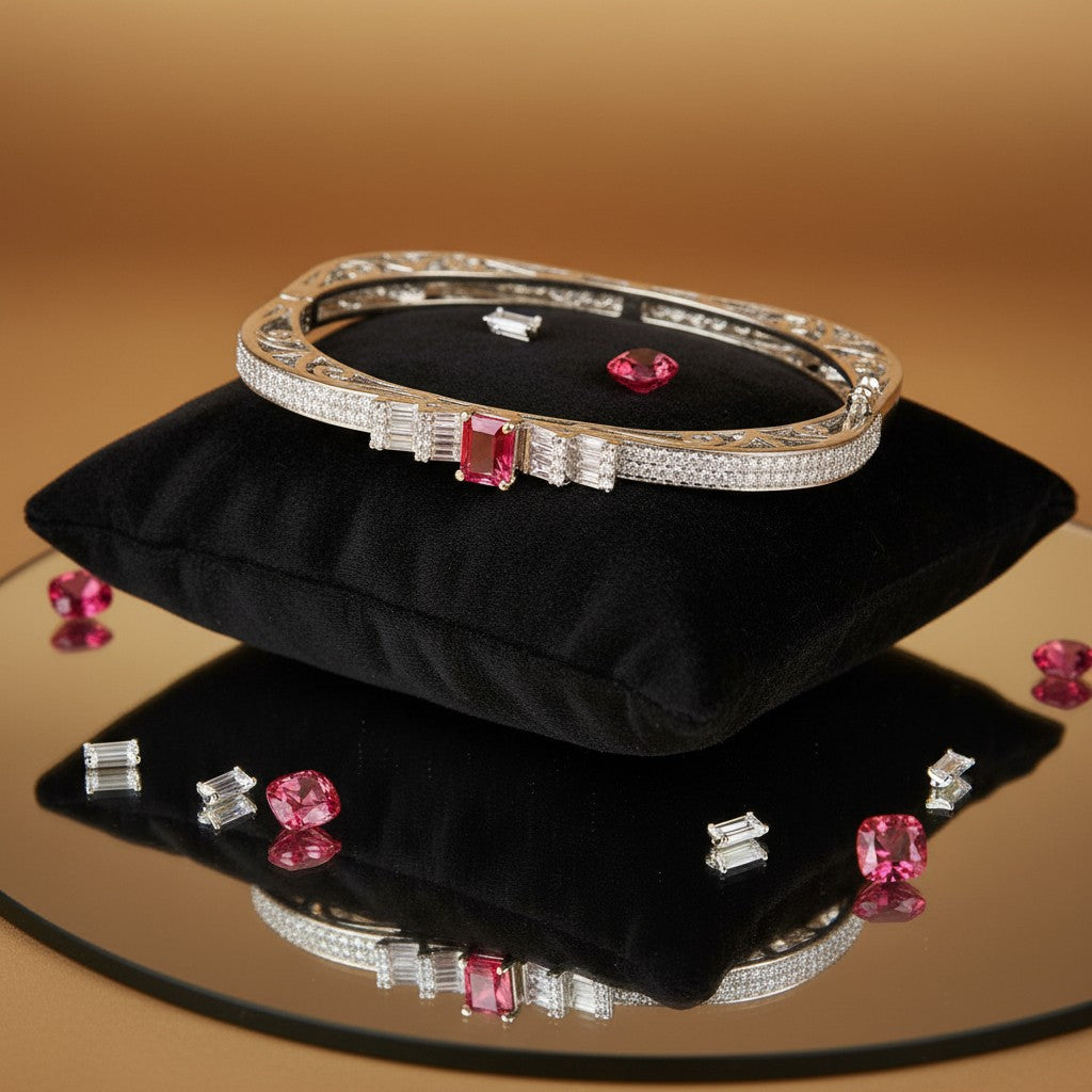 436165 Cubic Zirconia Openable Kada With Rhodium Plating-Rani