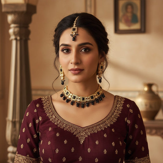 25925 Necklace Set-Indowestern Dark Blue