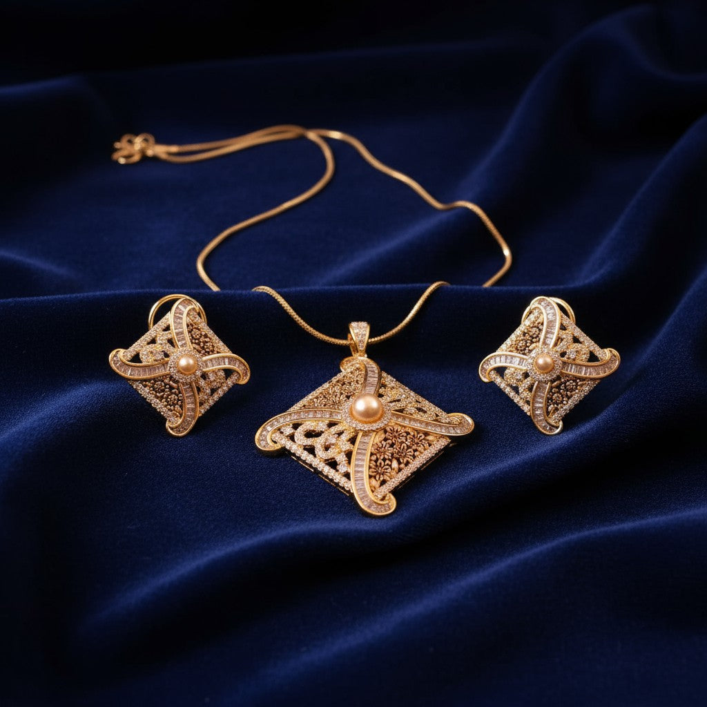96209-PS-American Diamond Delicate Pendant Set With Gold Plating with Meenakari