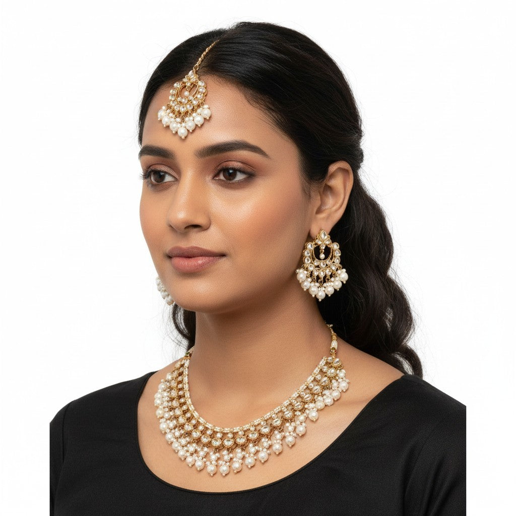 111800 Indo Western Kundan Necklace With Gold Plating-White