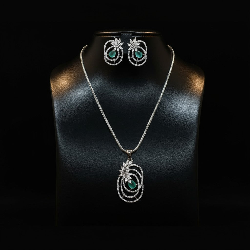 1062-American Diamond Delicate Pendant Set -Silver without Chain-Mint