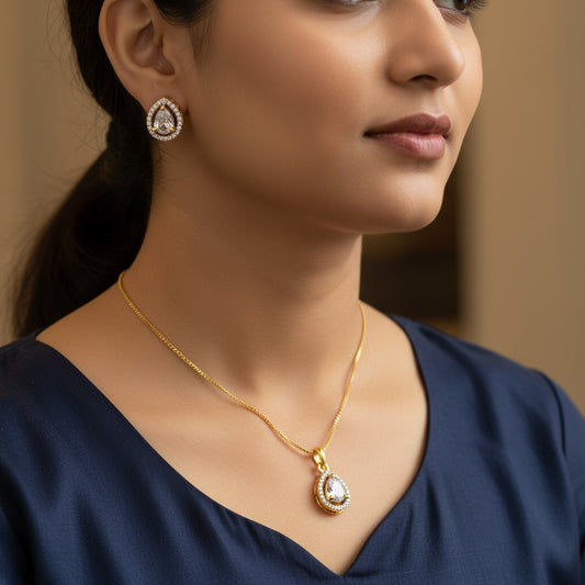 91609-PS-American Diamond Delicate Pendant Set With Gold Plating-Design 5