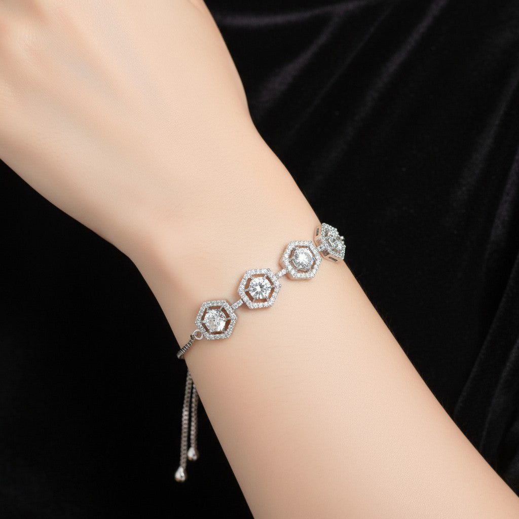438334 Cz Adjustable Bracelet With 2 Tone Rhodium Plating-Silver