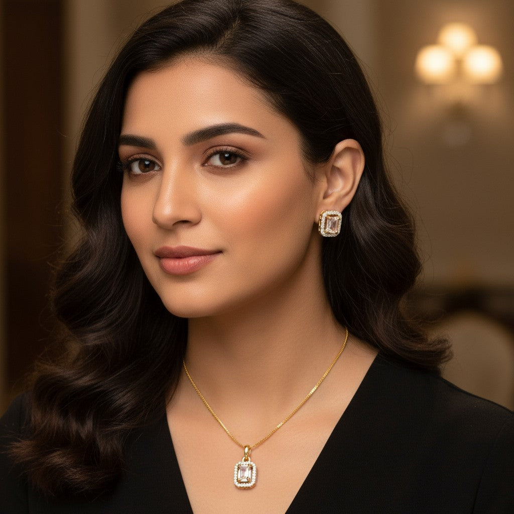 91609-PS-American Diamond Delicate Pendant Set With Gold Plating-Design 4