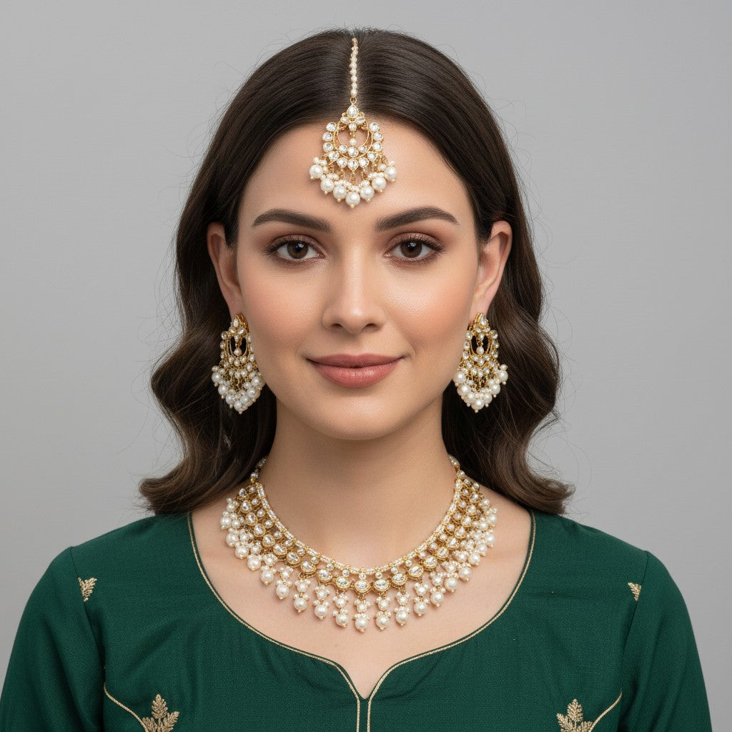 111800 Indo Western Kundan Necklace With Gold Plating-White