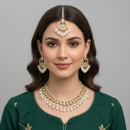 111800 Indo Western Kundan Necklace With Gold Plating-White