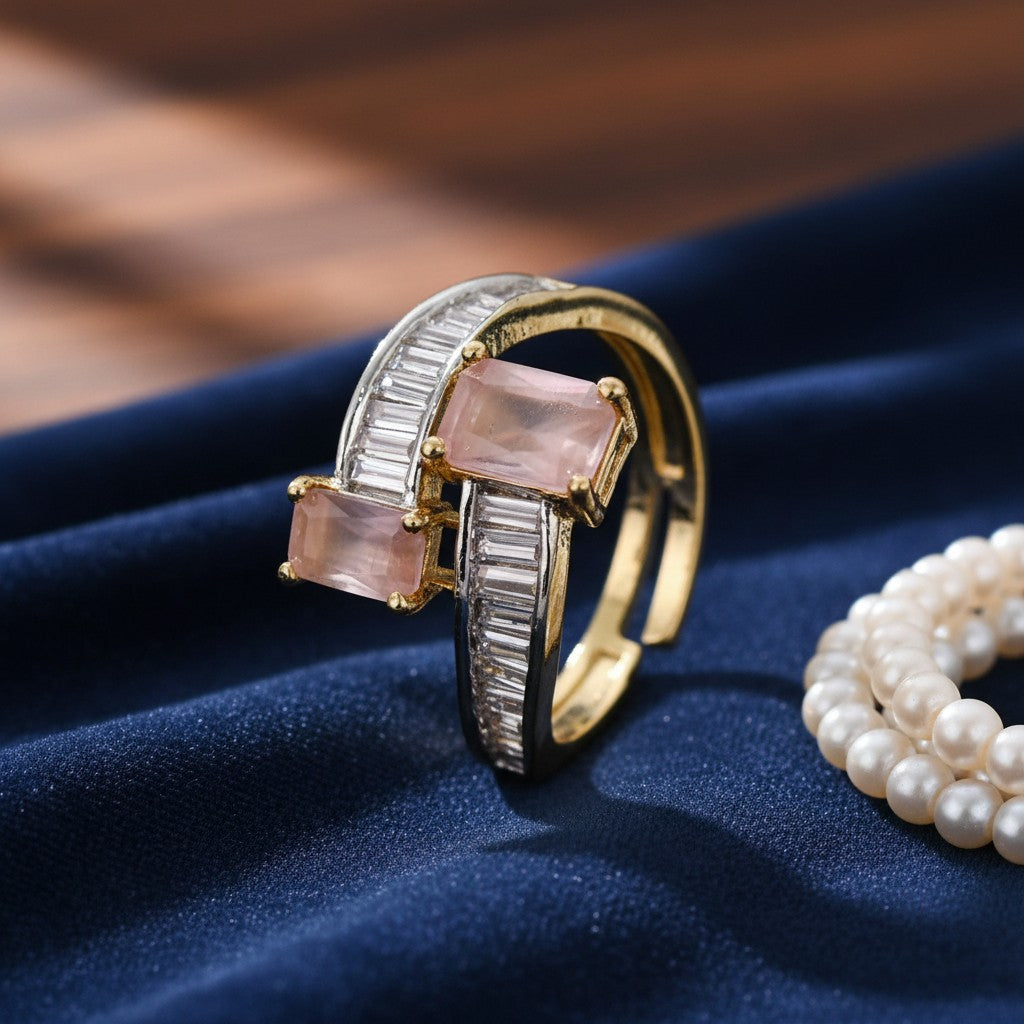 438469 Cz Adjustable Ring With 2 Tone Plating-Pink